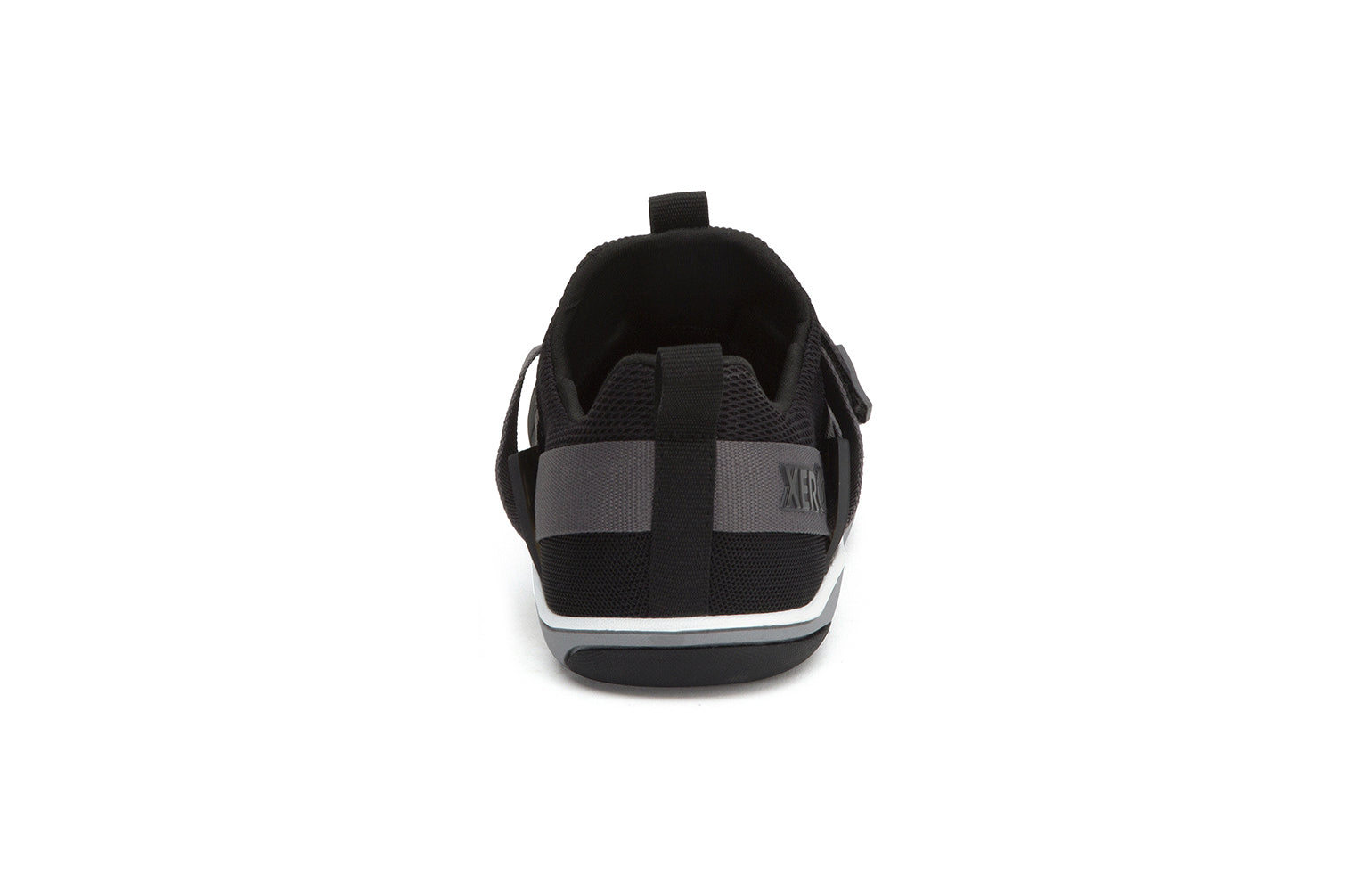Xero Shoes Canada, specifically barefoot running shoes Canada. These minimalist shoes have flexible soles, wide toe boxes, and zero drop. Back view of Xero Women's Forza Trainer in Black/Asphalt. A stable training shoe.