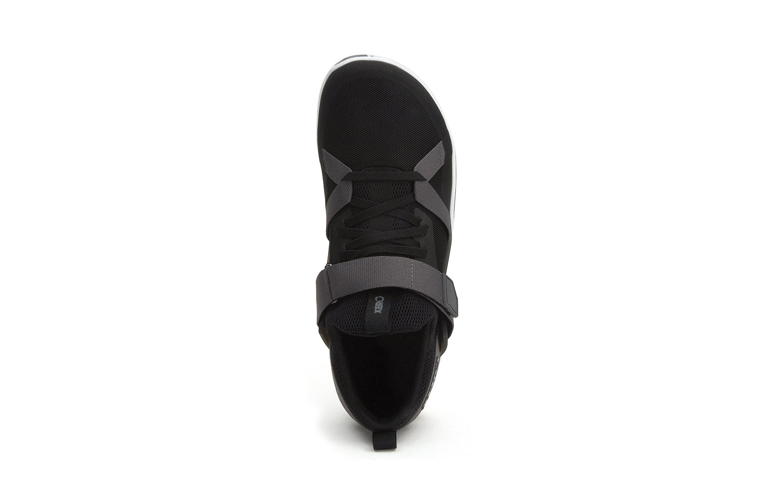 Xero Barefoot Shoes sold in Ontario, Canada. These minimalist shoes have flexible soles, wide toe boxes, and zero drop. Top view of Xero Women's Forza Trainer in Black/Asphalt. A stable training shoe.