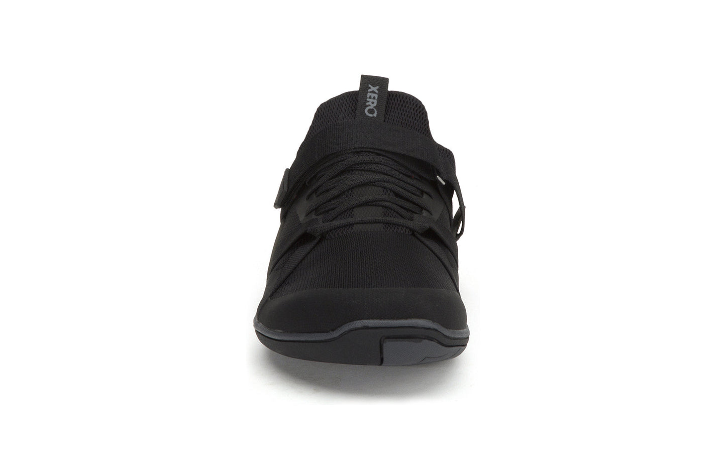Xero Shoes Canada, specifically barefoot running shoes Canada. These minimalist shoes have flexible soles, wide toe boxes, and zero drop. Front view of Xero Men's Forza Trainer in Black. A stable training shoe.