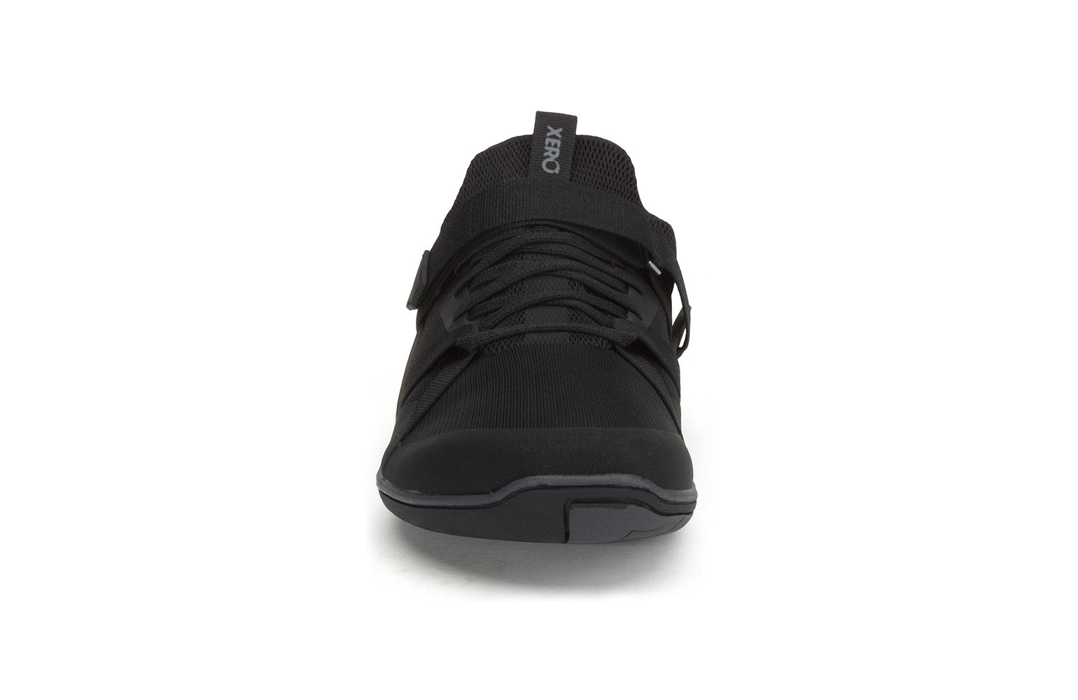 Xero Shoes Canada, specifically barefoot running shoes Canada. These minimalist shoes have flexible soles, wide toe boxes, and zero drop. Front view of Xero Men's Forza Trainer in Black. A stable training shoe.