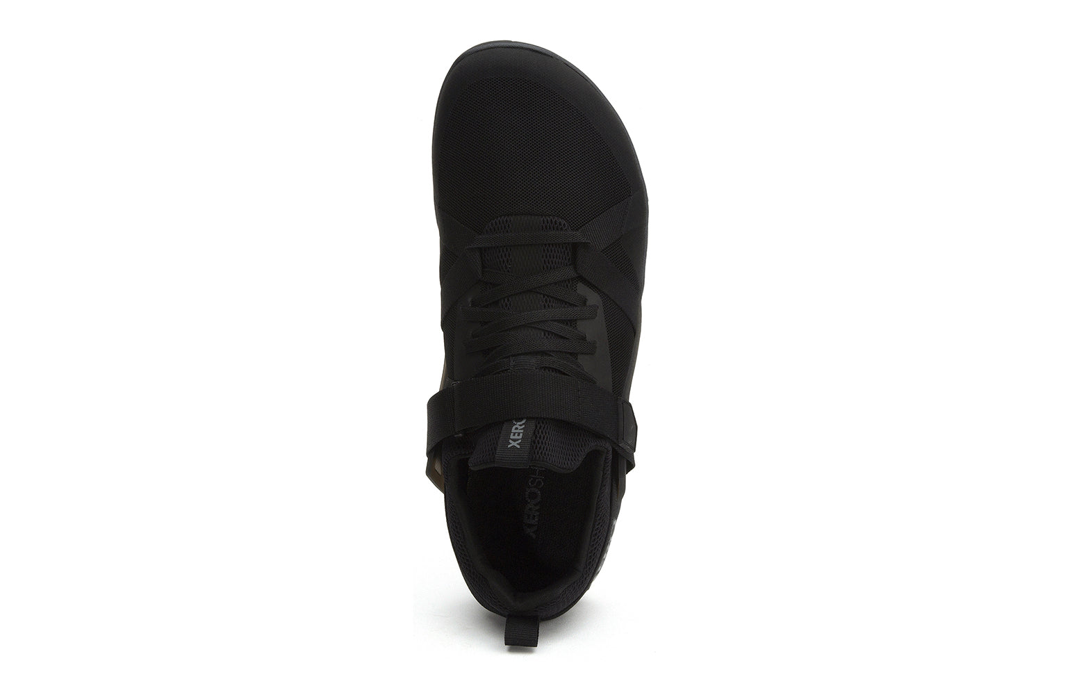 Xero Shoes Canada, specifically barefoot running shoes Canada. These minimalist shoes have flexible soles, wide toe boxes, and zero drop. Top view of Xero Men's Forza Trainer in Black. A stable training shoe.