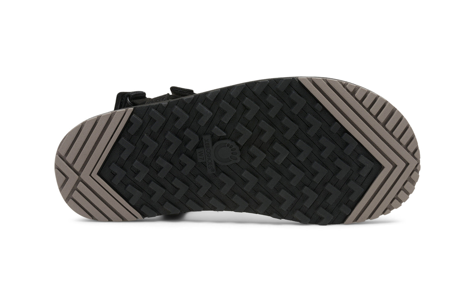 Xero Shoes Canada, specifically men’s barefoot shoes Canada. These minimalist shoes have flexible soles, wide toe boxes, and zero drop. Sole view of Men's H-Trail in Black. A huarache-style hiking sandal.