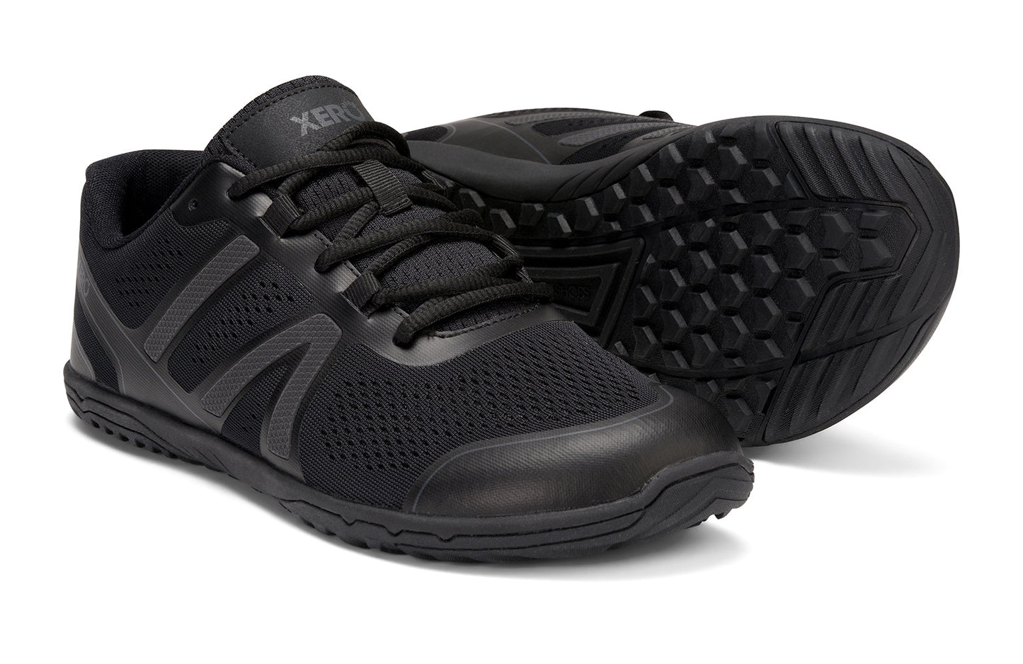 Xero Shoes Canada, specifically barefoot running shoes Canada. These minimalist shoes have flexible soles, wide toe boxes, and zero drop. Pair view of Xero Men's HFS II in Black Asphalt. Lightweight road runner.