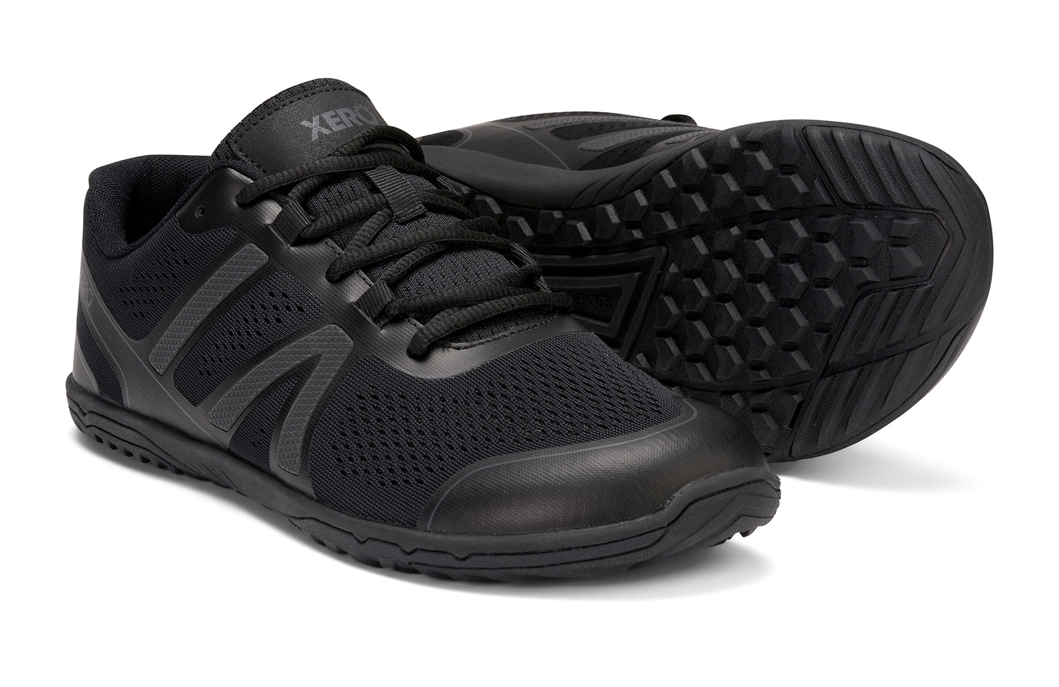 Xero Shoes Canada, specifically barefoot running shoes Canada. These minimalist shoes have flexible soles, wide toe boxes, and zero drop. Pair view of Xero Men's HFS II in Black Asphalt. Lightweight road runner.