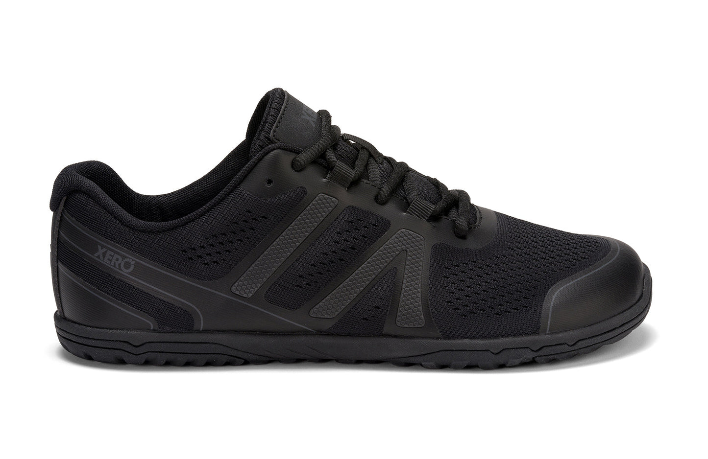 Xero Shoes Canada, specifically barefoot running shoes Canada. These minimalist shoes have flexible soles, wide toe boxes, and zero drop. Lateral side view of Xero Men's HFS II in Black Asphalt. Lightweight road runner.