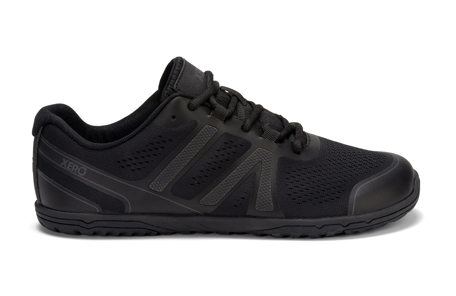 Xero Shoes Canada, specifically barefoot running shoes Canada. These minimalist shoes have flexible soles, wide toe boxes, and zero drop. Lateral side view of Xero Men's HFS II in Black Asphalt. Lightweight road runner.