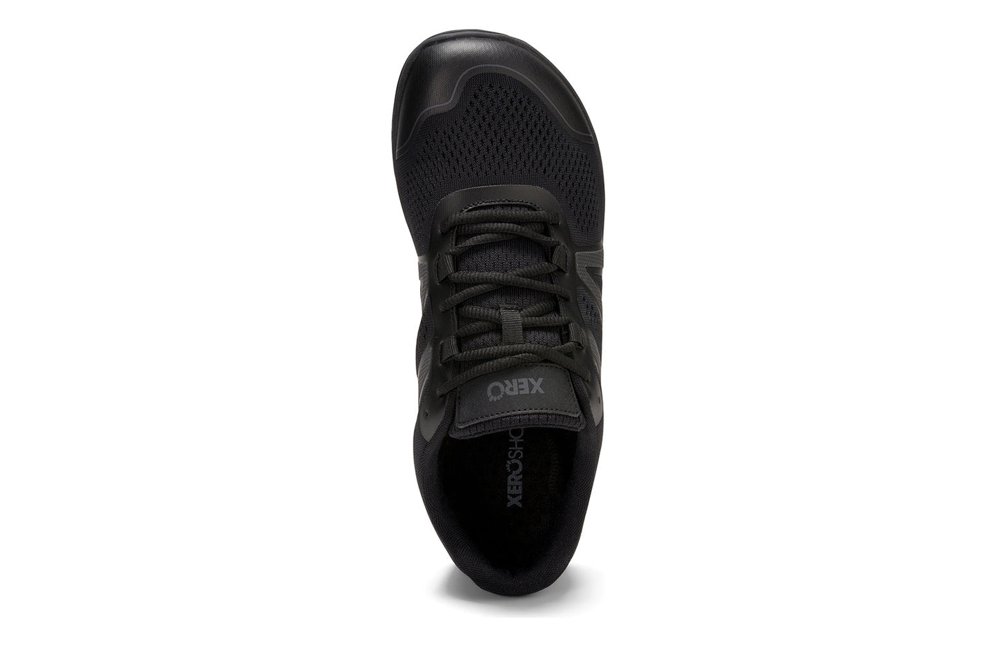 Xero Shoes Canada, specifically barefoot running shoes Canada. These minimalist shoes have flexible soles, wide toe boxes, and zero drop. Top view of Xero Men's HFS II in Black Asphalt. Lightweight road runner.