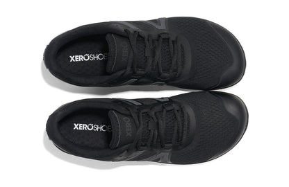 Xero Shoes Canada, specifically barefoot running shoes Canada. These minimalist shoes have flexible soles, wide toe boxes, and zero drop. Top view of Xero Women's HFS II in Black. Lightweight road runner.