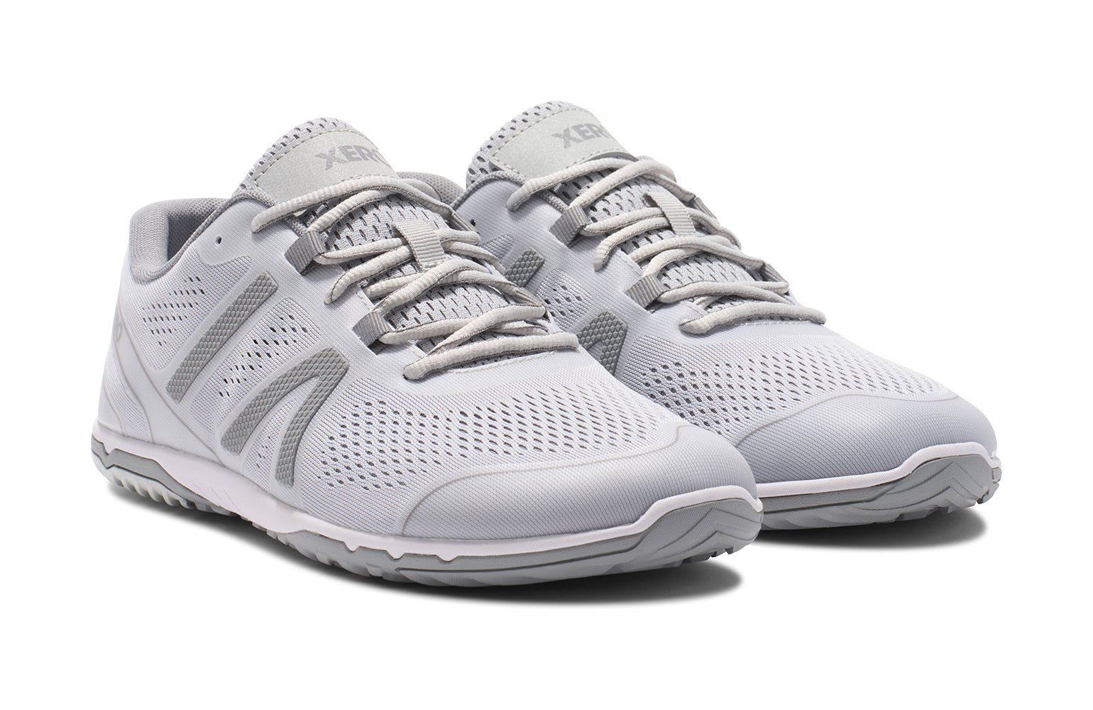 Xero Shoes Canada, specifically barefoot running shoes Canada. These minimalist shoes have flexible soles, wide toe boxes, and zero drop. Pair view of Xero Men's HFS II in Lunar Rock/Alloy. Lightweight road runner.