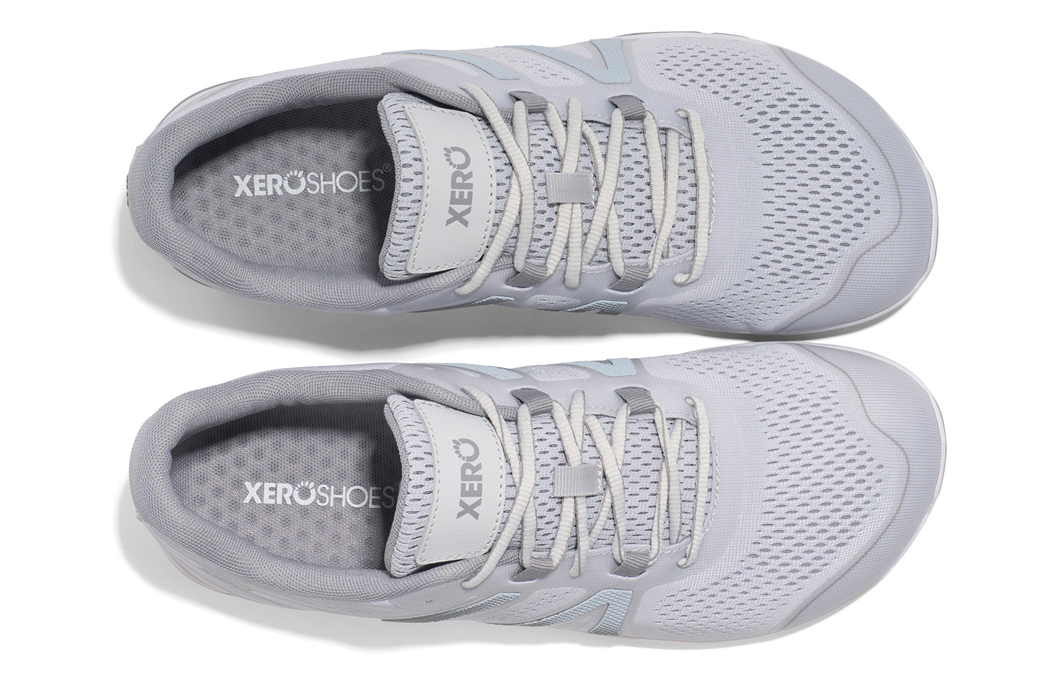 Xero Shoes Canada, specifically barefoot running shoes Canada. These minimalist shoes have flexible soles, wide toe boxes, and zero drop. Top view of Xero Men's HFS II in Lunar Rock/Alloy. Lightweight road runner.