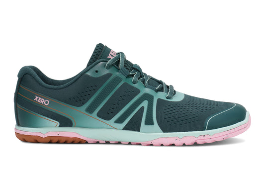 Xero Shoes Canada, specifically barefoot running shoes Canada. These minimalist shoes have flexible soles, wide toe boxes, and zero drop. Side view of Xero Women's HFS II in Sea Moss/Pink-a-Boo. Lightweight road runner.