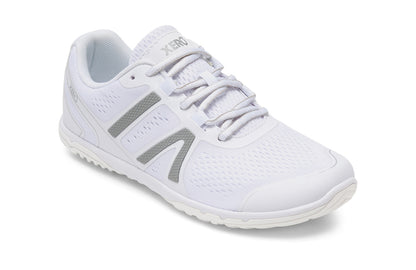 Xero Shoes Canada, specifically barefoot running shoes Canada. These minimalist shoes have flexible soles, wide toe boxes, and zero drop. Angled view of Xero Women's HFS II in White. Lightweight road runner.