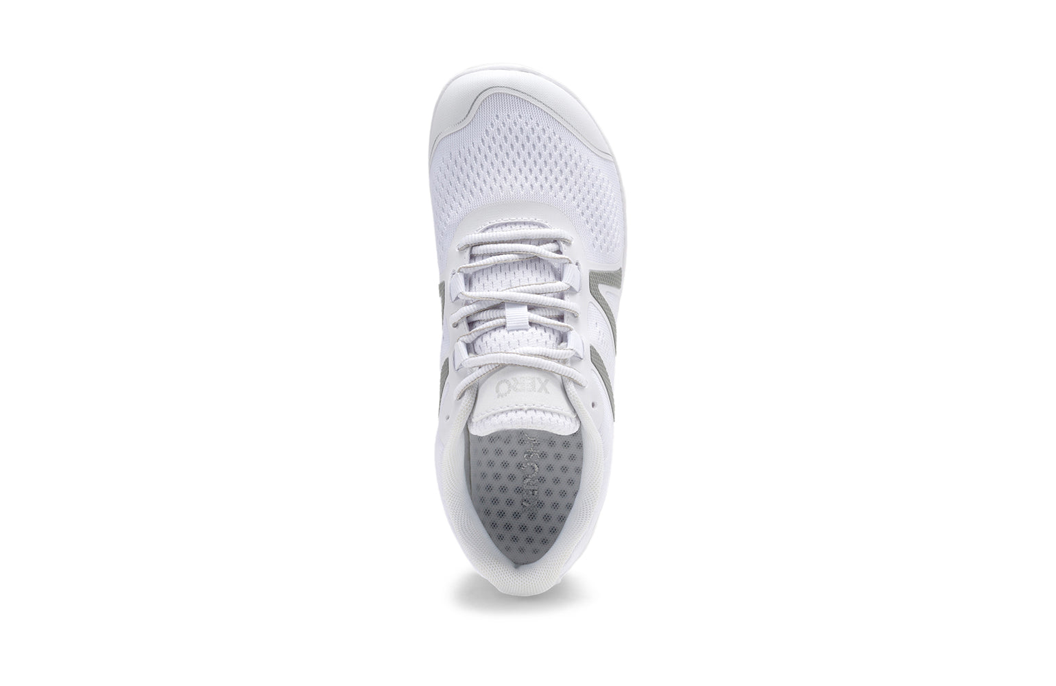 Xero Shoes Canada, specifically barefoot running shoes Canada. These minimalist shoes have flexible soles, wide toe boxes, and zero drop. Top view of Xero Women's HFS II in White. Lightweight road runner.