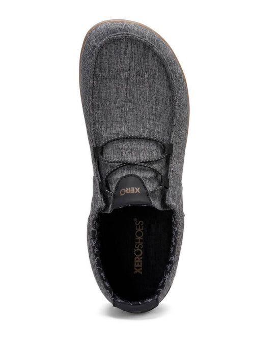 Xero Shoes Canada, specifically men’s barefoot shoes Canada. These minimalist shoes have flexible soles, wide toe boxes, and zero drop. Top view of Xero Men's Kona in Asphalt. Moccasin inspired casual shoe. 