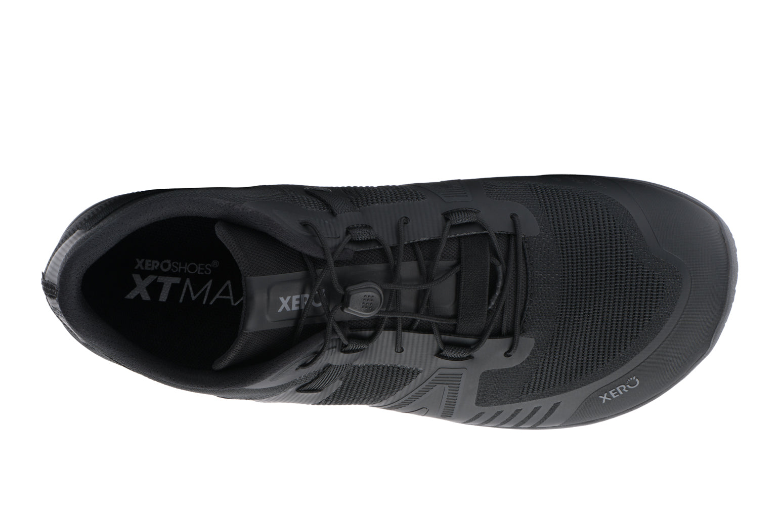 Black athletic shoe with 'XT' branding on a white background. Tru Stride Co brings Xero Shoes to Canada