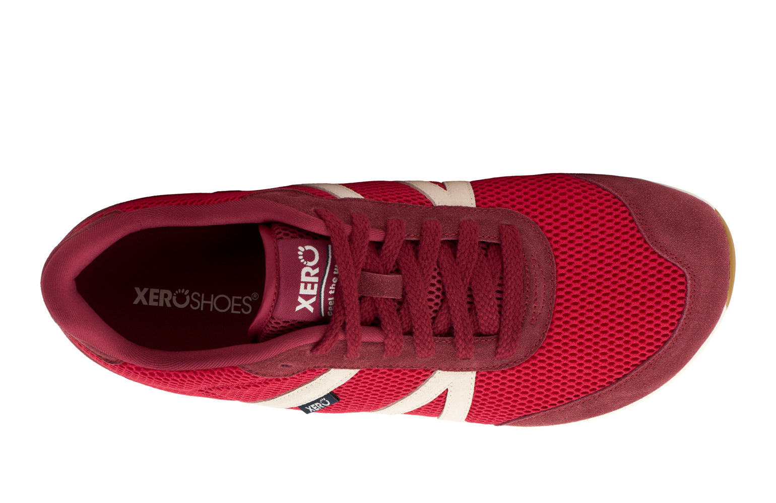 Red sneaker with white accents on a white background. Tru Stride Co brings Xero Shoes to Canada