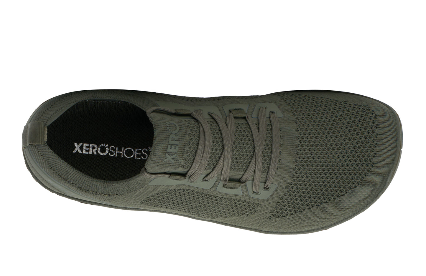 Army green athletic shoe with XeroShoes branding on a white background.  Tru Stride Co brings Xero Shoes to Canada