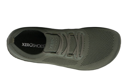 Army green athletic shoe with XeroShoes branding on a white background.  Tru Stride Co brings Xero Shoes to Canada