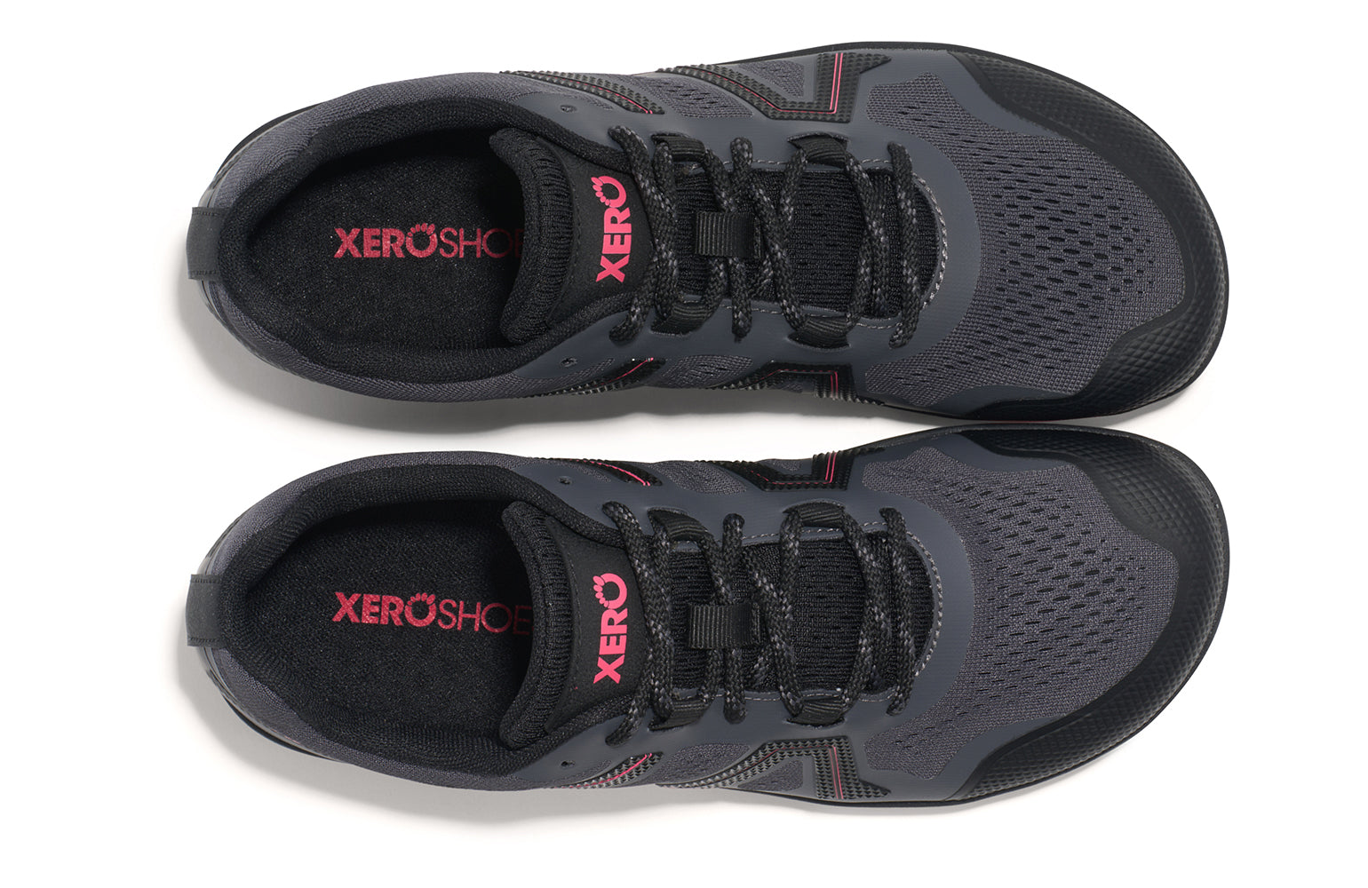 Xero Shoes Canada, specifically barefoot hiking shoes Canada. These minimalist shoes have flexible soles, wide toe boxes, and zero drop. Top view of Xero Women's Mesa Trail II in Asphalt/Raspberry. Durable, breathable hiking shoe. 