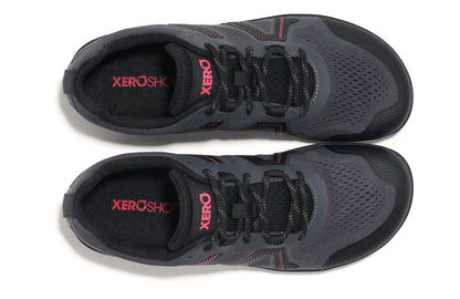 Xero Shoes Canada, specifically barefoot hiking shoes Canada. These minimalist shoes have flexible soles, wide toe boxes, and zero drop. Top view of Xero Women's Mesa Trail II in Asphalt/Raspberry. Durable, breathable hiking shoe. 