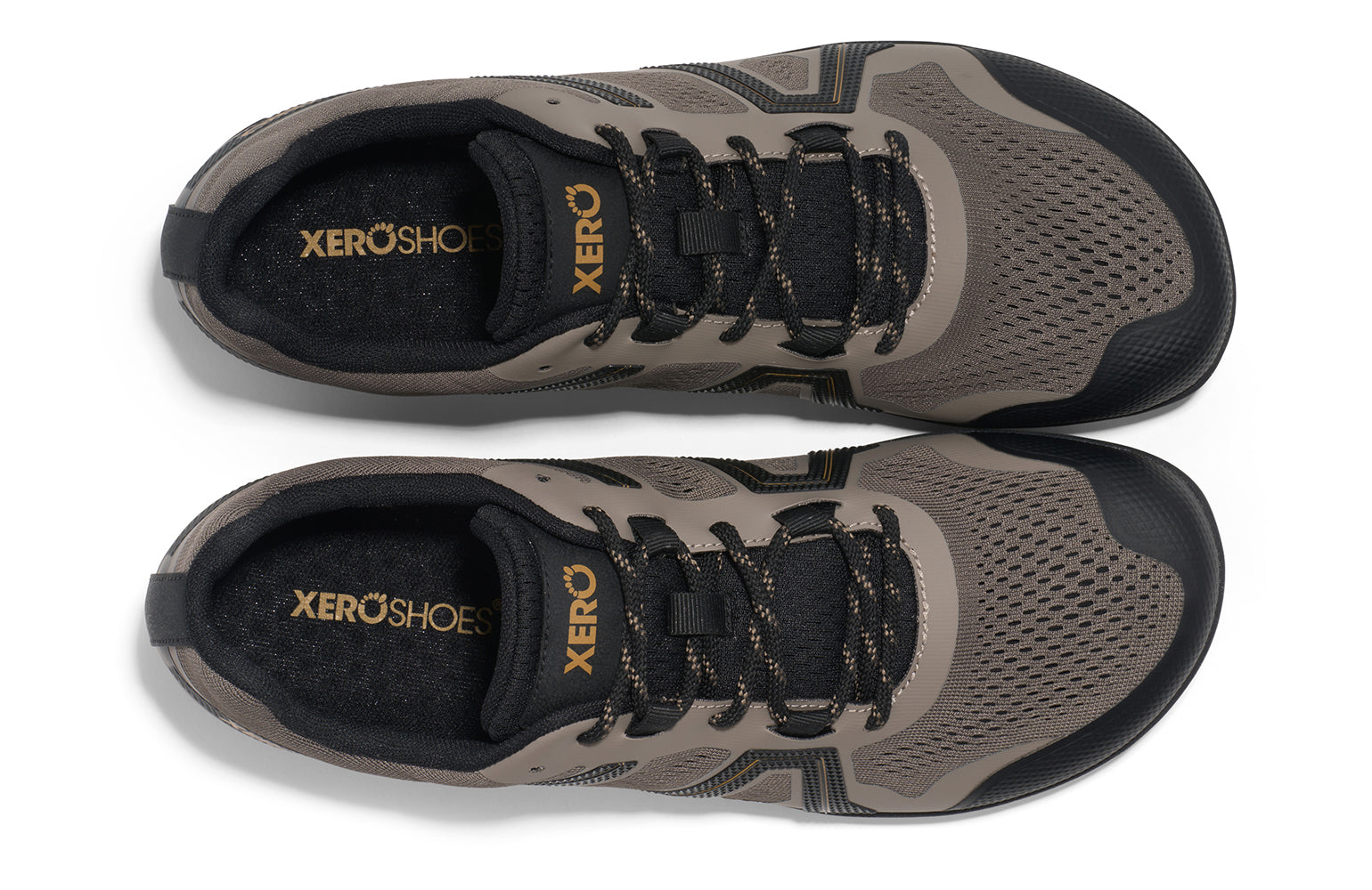 Xero Shoes Canada, specifically barefoot hiking shoes Canada. These minimalist shoes have flexible soles, wide toe boxes, and zero drop. Top view of Xero Men's Mesa Trail II in Fallen Rock/Black. Durable, breathable hiking shoe. 