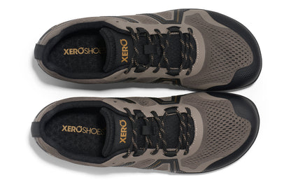 Xero Shoes Canada, specifically barefoot hiking shoes Canada. These minimalist shoes have flexible soles, wide toe boxes, and zero drop. Top view of Xero Men's Mesa Trail II in Fallen Rock/Black. Durable, breathable hiking shoe. 