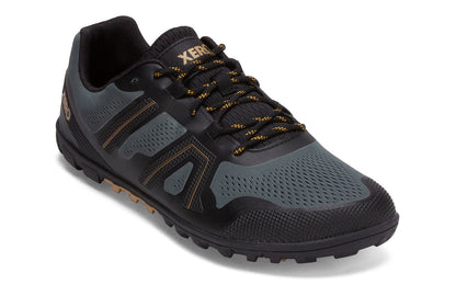 Xero Shoes Canada, specifically barefoot hiking shoes Canada. These minimalist shoes have flexible soles, wide toe boxes, and zero drop. Angled view of Xero Men's Mesa Trail II in Forest. Durable, breathable hiking shoe. 