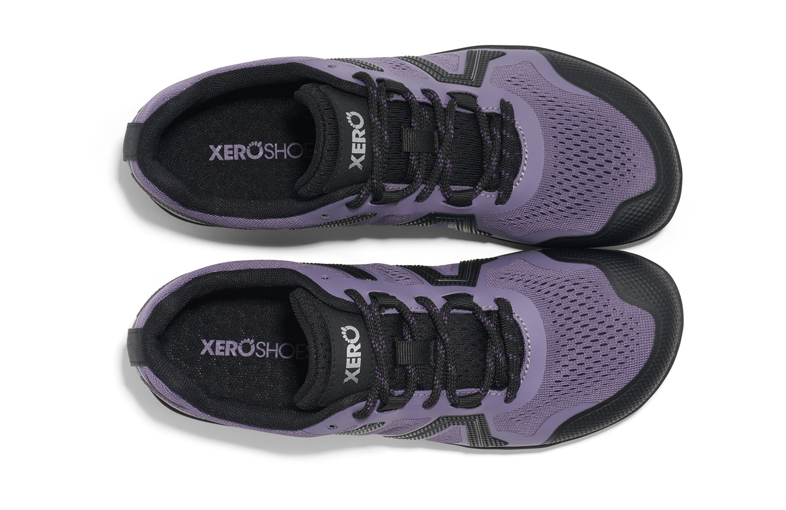 Xero Shoes Canada, specifically barefoot hiking shoes Canada. These minimalist shoes have flexible soles, wide toe boxes, and zero drop. Top view of Xero Women's Mesa Trail II in Sage/Purple/Silver. Durable, breathable hiking shoe. 