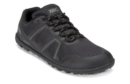 Xero Shoes Canada, specifically barefoot hiking shoes Canada. These minimalist shoes have flexible soles, wide toe boxes, and zero drop. Angled view of Xero Women's Mesa Trail II in Black. Durable, waterproof hiking shoe. 