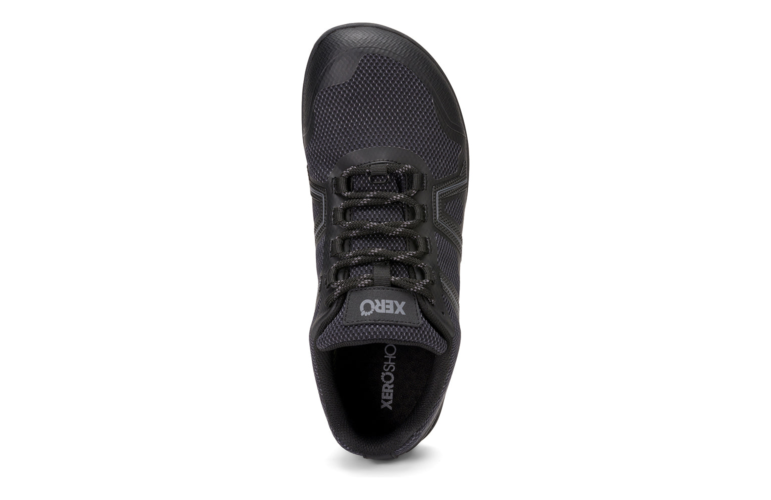 Xero Shoes Canada, specifically barefoot hiking shoes Canada. These minimalist shoes have flexible soles, wide toe boxes, and zero drop. Top view of Xero Women's Mesa Trail II in Black. Durable, waterproof hiking shoe. 
