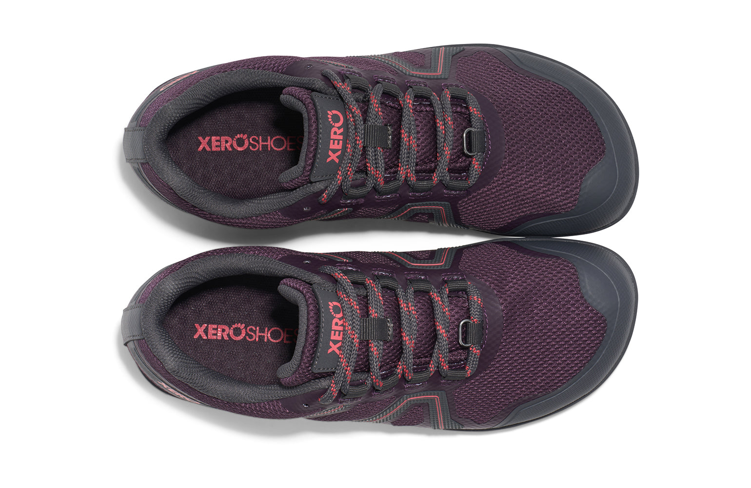 Xero Shoes Canada, specifically barefoot hiking shoes Canada. These minimalist shoes have flexible soles, wide toe boxes, and zero drop. Top view of Xero Women's Mesa Trail II in Plum Perfect/Sunset Coral. Durable, waterproof hiking shoe. 