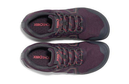Xero Shoes Canada, specifically barefoot hiking shoes Canada. These minimalist shoes have flexible soles, wide toe boxes, and zero drop. Top view of Xero Women's Mesa Trail II in Plum Perfect/Sunset Coral. Durable, waterproof hiking shoe. 