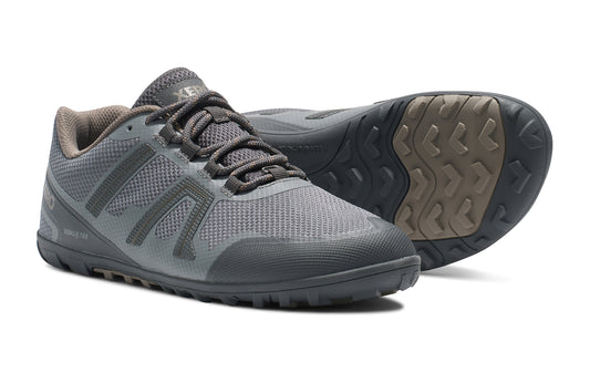 Xero Shoes Canada, specifically barefoot hiking shoes Canada. These minimalist shoes have flexible soles, wide toe boxes, and zero drop. Side and sole pair view of Xero Men's Mesa Trail II in Steel Gray/Asphalt. Durable, waterproof hiking shoe. 