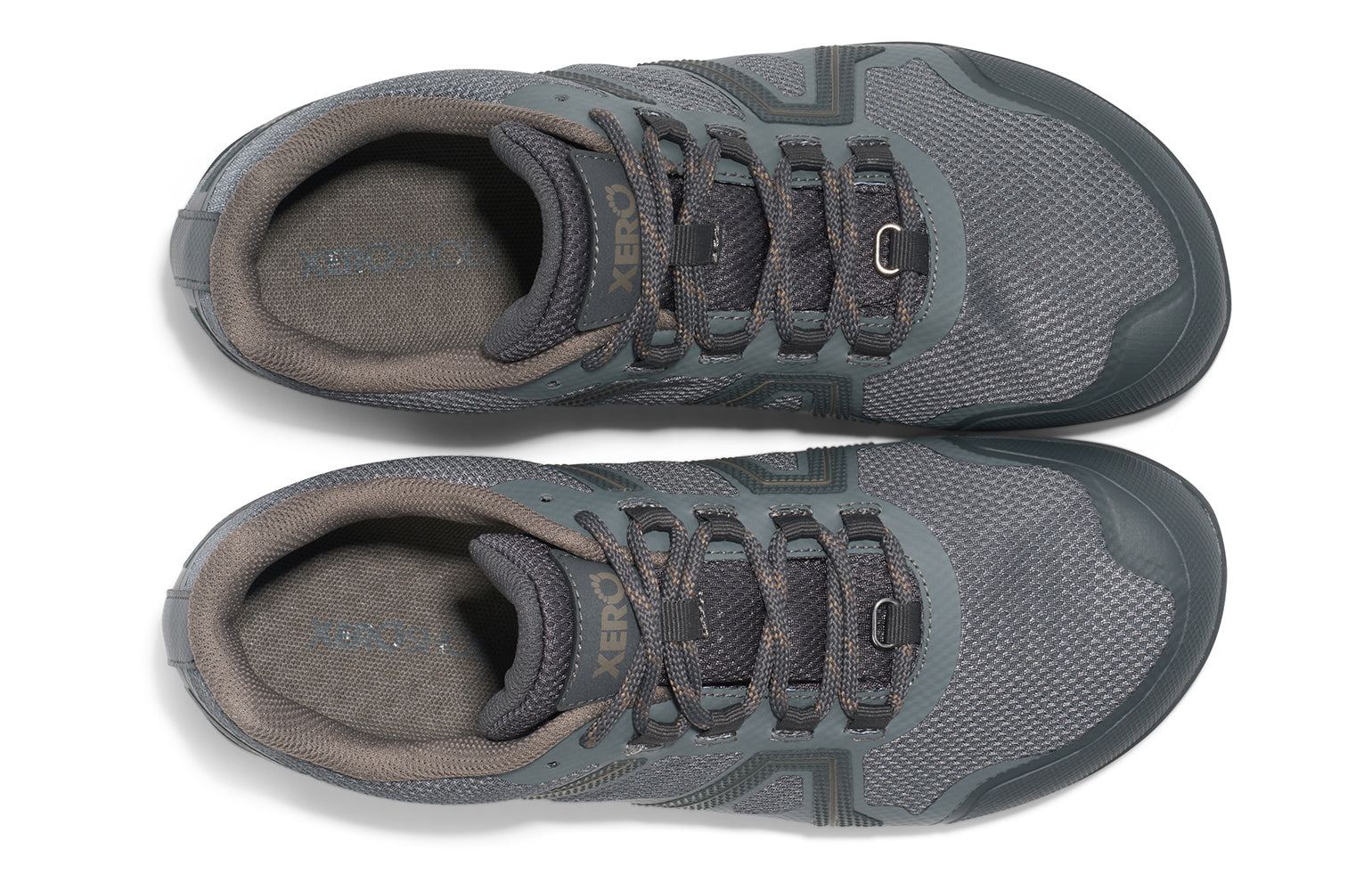 Xero Shoes Canada, specifically barefoot hiking shoes Canada. These minimalist shoes have flexible soles, wide toe boxes, and zero drop. Top view of Xero Men's Mesa Trail II in Steel Gray/Asphalt. Durable, waterproof hiking shoe. 
