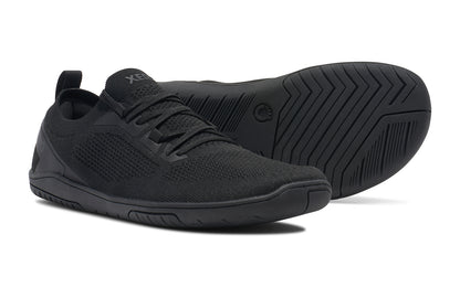 Xero Shoes Canada, specifically barefoot running shoes Canada. These minimalist shoes have flexible soles, wide toe boxes, and zero drop. Pair view of Xero Men's Nexus Knit in Black Black. An athletic, comfortable shoe.