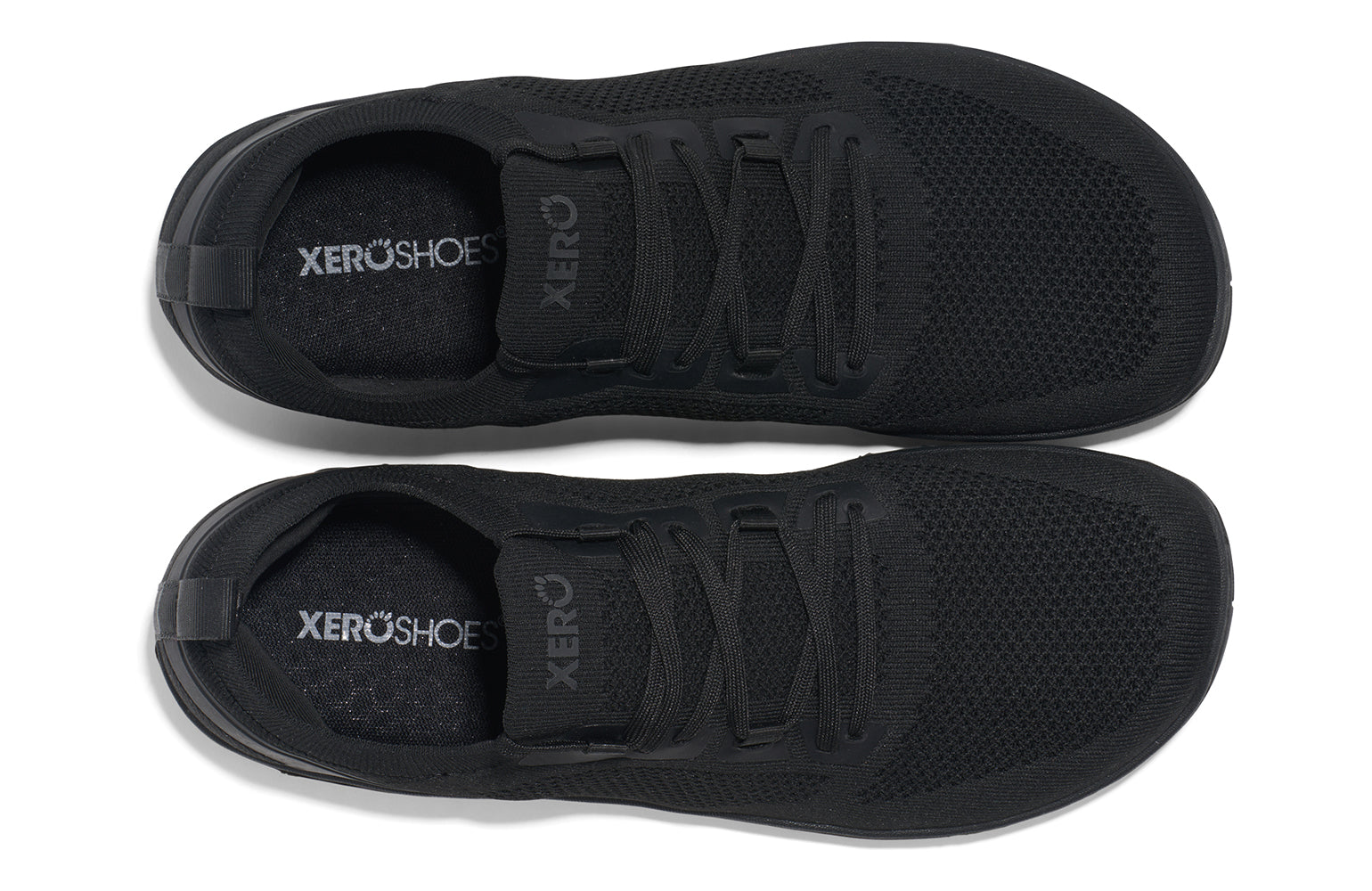 Xero Shoes Canada, specifically barefoot running shoes Canada. These minimalist shoes have flexible soles, wide toe boxes, and zero drop. Top view of Xero Men's Nexus Knit in Black Black. An athletic, comfortable shoe.