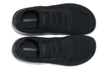 Xero Shoes Canada, specifically barefoot running shoes Canada. These minimalist shoes have flexible soles, wide toe boxes, and zero drop. Top view of Xero Men's Nexus Knit in Black Black. An athletic, comfortable shoe.