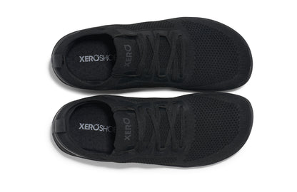 Xero Shoes Canada, specifically barefoot running shoes Canada. These minimalist shoes have flexible soles, wide toe boxes, and zero drop. Top view of Xero Women's Nexus Knit in Black Black. An athletic, comfortable shoe.
