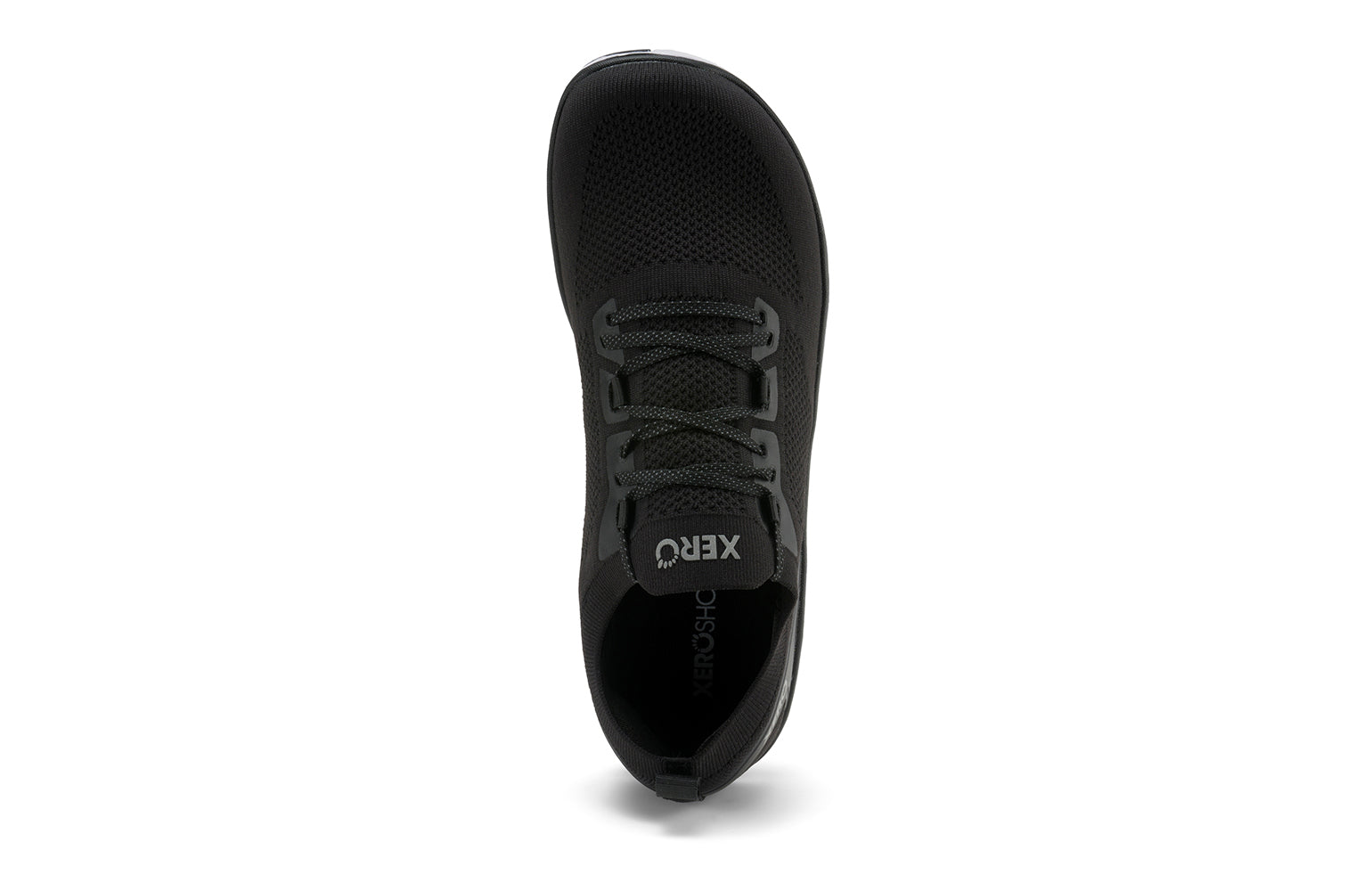 Xero Shoes Canada, specifically barefoot running shoes Canada. These minimalist shoes have flexible soles, wide toe boxes, and zero drop. Top view of Xero Women's Nexus Knit in Black. An athletic, comfortable shoe.