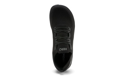 Xero Shoes Canada, specifically barefoot running shoes Canada. These minimalist shoes have flexible soles, wide toe boxes, and zero drop. Top view of Xero Women's Nexus Knit in Black. An athletic, comfortable shoe.