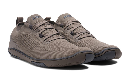 Xero Shoes Canada, specifically barefoot running shoes Canada. These minimalist shoes have flexible soles, wide toe boxes, and zero drop. Angled view of Xero Men's Nexus Knit in Morel. An athletic, comfortable shoe.