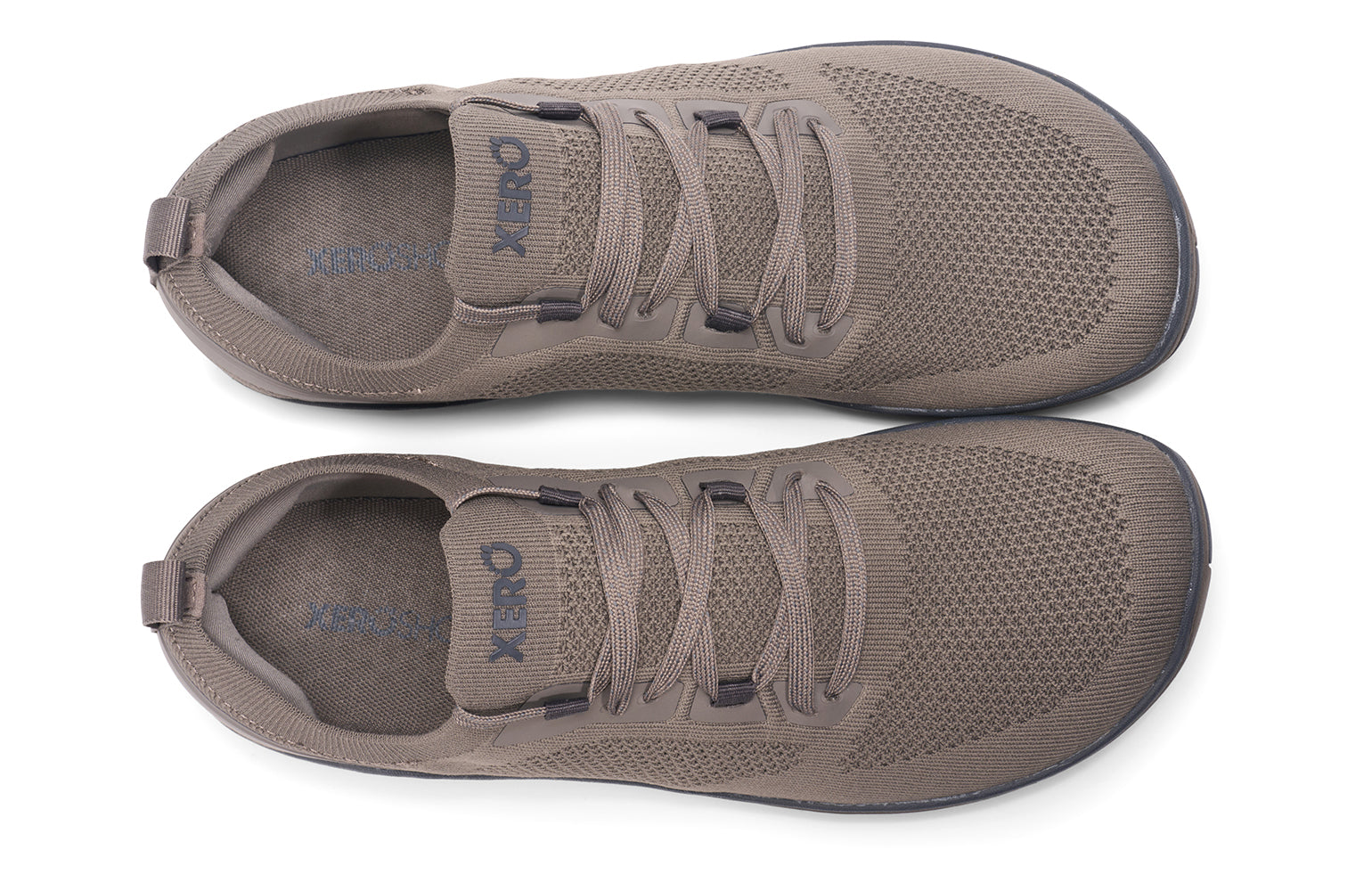 Xero Shoes Canada, specifically barefoot running shoes Canada. These minimalist shoes have flexible soles, wide toe boxes, and zero drop. Top view of Xero Men's Nexus Knit in Morel. An athletic, comfortable shoe.