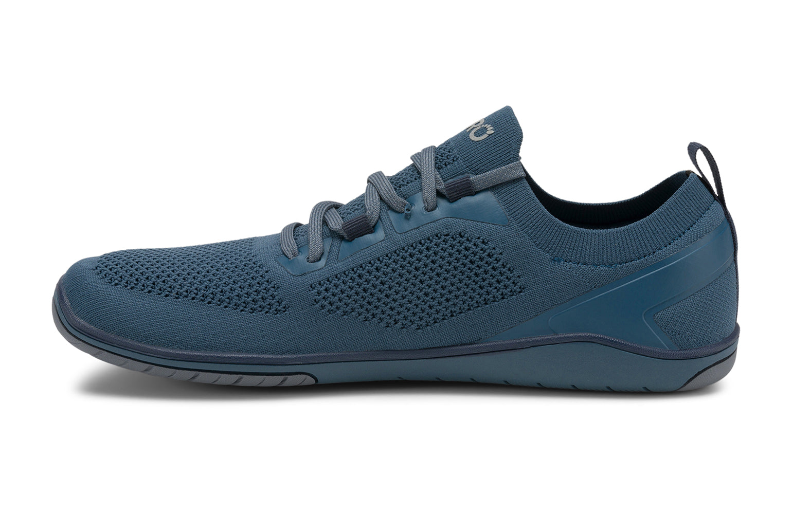Xero Shoes Canada, specifically barefoot running shoes Canada. These minimalist shoes have flexible soles, wide toe boxes, and zero drop. Side view of Xero Men's Nexus Knit in Orion Blue. An athletic, comfortable shoe.