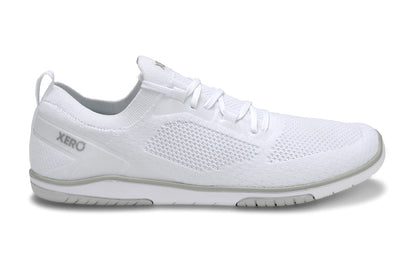 Xero Shoes Canada, specifically barefoot running shoes Canada. These minimalist shoes have flexible soles, wide toe boxes, and zero drop. Lateral side view of Xero Women's Nexus Knit in White. An athletic, comfortable shoe.