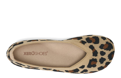 Xero Shoes Canada, specifically women’s barefoot shoes Canada. These minimalist shoes have flexible soles, wide toe boxes, and zero drop. Top view of Xero Women's Phoenix Knit in Leopard. Women's casual flat. 