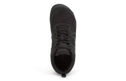 Xero Barefoot Shoes sold in Ontario, Canada. These minimalist shoes have flexible soles, wide toe boxes, and zero drop. Top view of Xero Men's Prio in Black. A running and fitness shoe. 