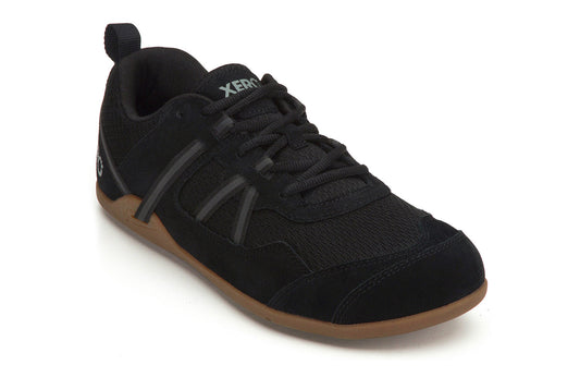 Xero Barefoot Shoes sold in Ontario, Canada. These minimalist shoes have flexible soles, wide toe boxes, and zero drop. Angled view of Xero Men's Prio Suede in Black Gum. All-purpose "do anything" shoe. 