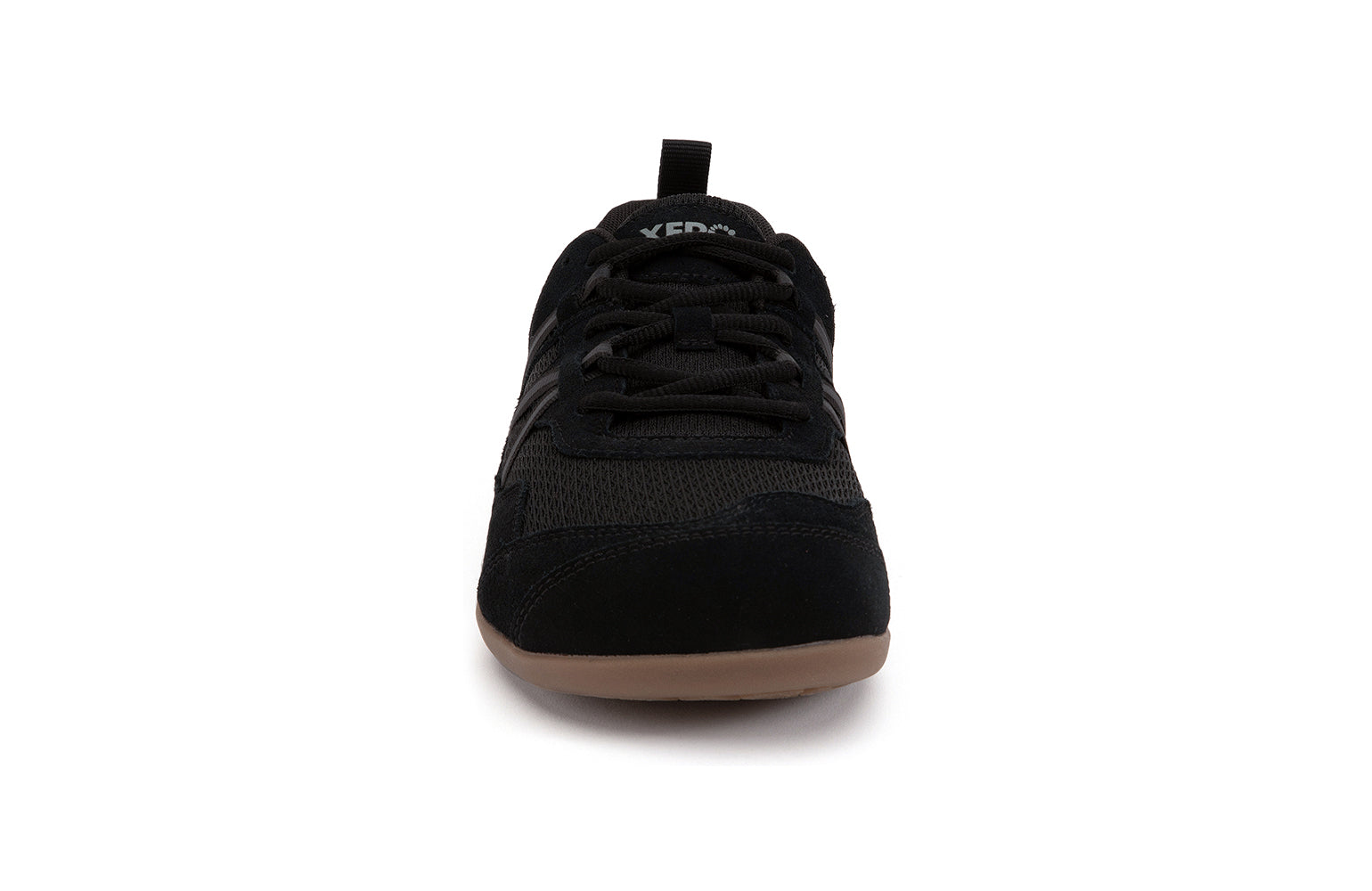 Xero Barefoot Shoes sold in Ontario, Canada. These minimalist shoes have flexible soles, wide toe boxes, and zero drop. Front view of Xero Men's Prio Suede in Black Gum. All-purpose "do anything" shoe. 