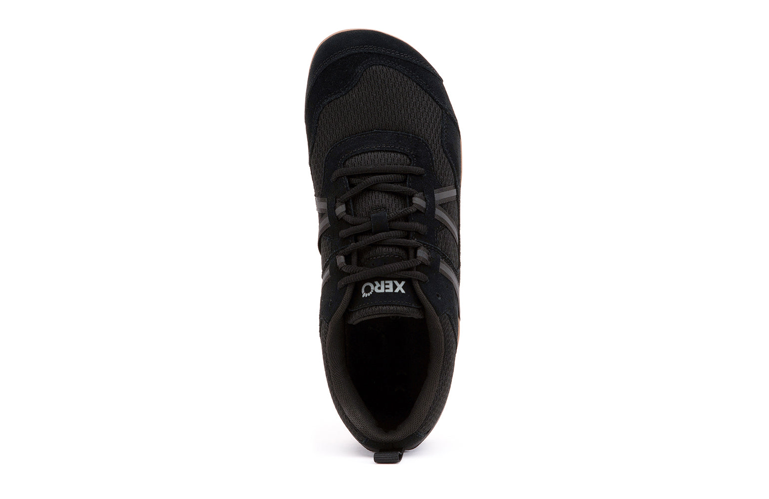 Xero Barefoot Shoes sold in Ontario, Canada. These minimalist shoes have flexible soles, wide toe boxes, and zero drop. Top view of Xero Men's Prio Suede in Black Gum. All-purpose "do anything" shoe. 
