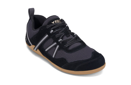 Xero Barefoot Shoes sold in Ontario, Canada. These minimalist shoes have flexible soles, wide toe boxes, and zero drop. Angled view of Xero Women's Prio Suede in Black Asphalt. All-purpose "do anything" shoe. 